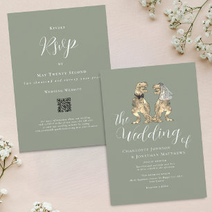 Invitación Boda temática de dinosaurios Código QR verde sage