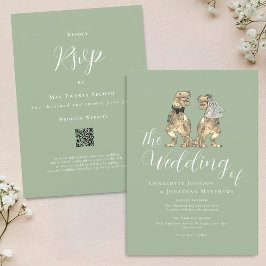 Invitación Boda temática de dinosaurios Código QR verde sage