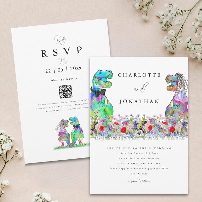Invitación Boda temática de dinosaurios con flores silvestres (Boho colorful wildflower dinosaur wedding invitation )