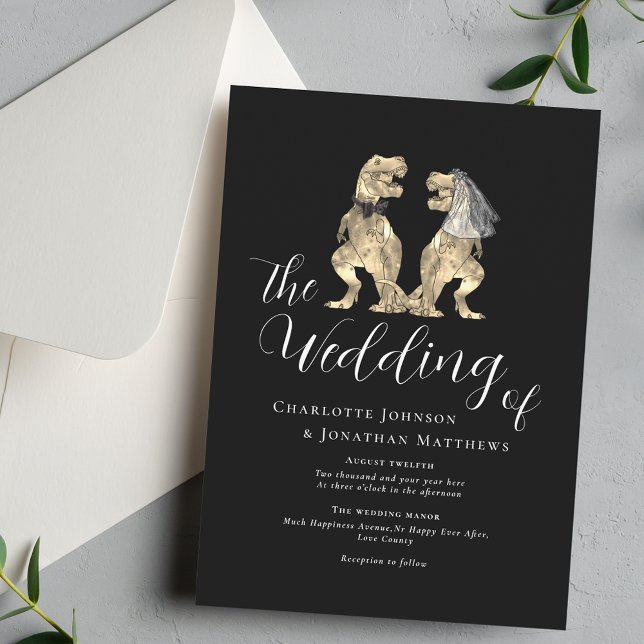 Invitación Boda temática de dinosaurios negro y blanco (Black and white dinosaur theme wedding invitation elegant modern script T-Rex dinos bride & groom)