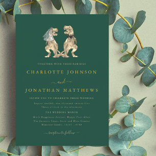 Invitación Boda temática de dinosaurios verde dorado