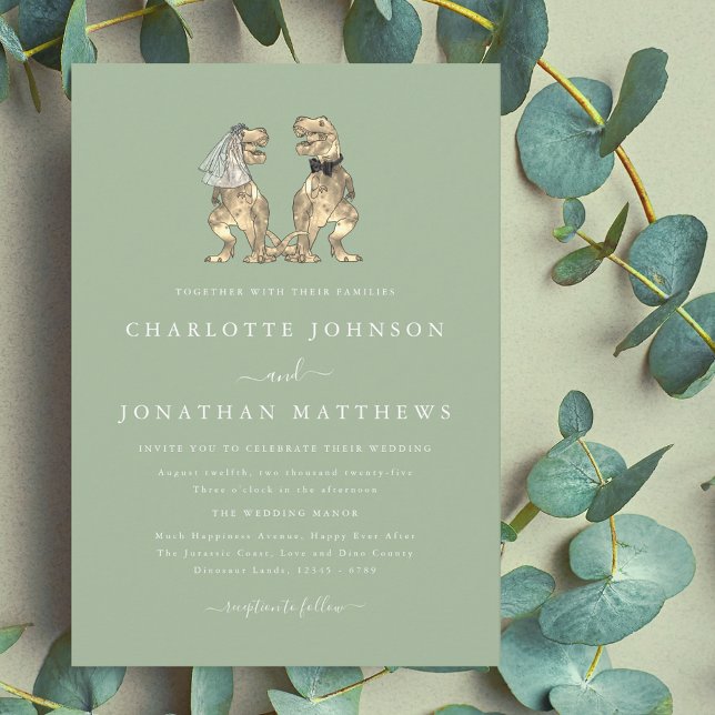 Invitación Boda temática de dinosaurios verde salvia (Dinosaur theme wedding sage green invitation elegant modern T-Rex dino Bride and groom)