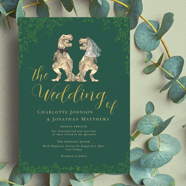 Invitación Boda temática de dinosaurios verde y dorado (Dinosaur wedding green and gold invitation Modern elegant script T-Rex dino bride & groom eucalyptus)
