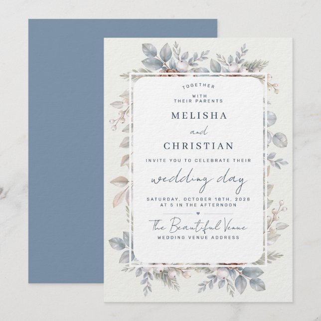 Invitación Boda temática de invierno "Botánica de Invierno" | (Anverso / Reverso)