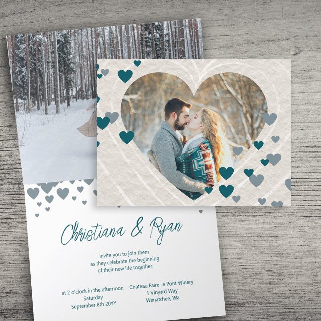 Invitación Boda temática de San Valentín, Verde azulados cora (unique blue teal green valentines february wedding invitations winter heart shaped valentine's day)