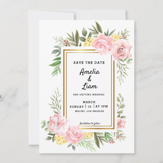 Invitación Boda Temática Flora De Rosa Rosa (Anverso)