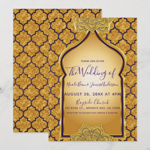 Invitación Boda temática real india árabe de oro púrpura
