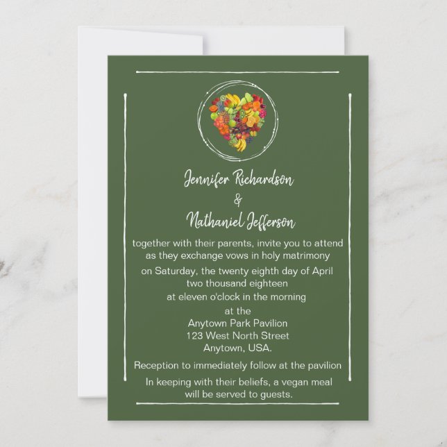Invitación Boda temática verde del corazón de la fruta (Anverso)