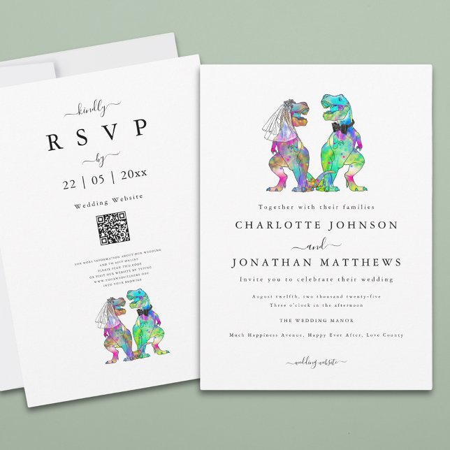 Invitación Boda temático de dinosaurio minimalista (Simple dinosaur theme wedding invitation with colorful watercolor T-Rex bride and groom)