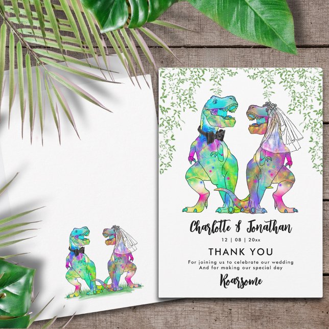Invitación Boda Temático De Dinosaurios Gracias (Colorful T-Rex bride and groom funny dinosaur wedding thank you card)