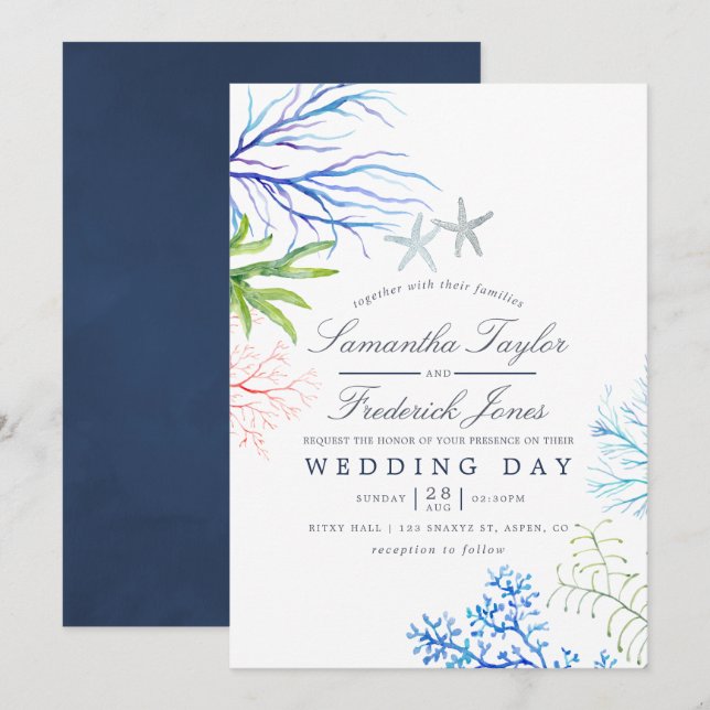 Invitación Boda Temático De La Playa De Las Algas De Agua (Anverso / Reverso)