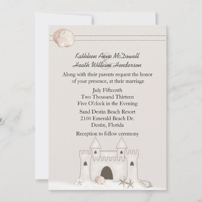 Invitación Boda temático de Sand Castle Beach (Anverso)