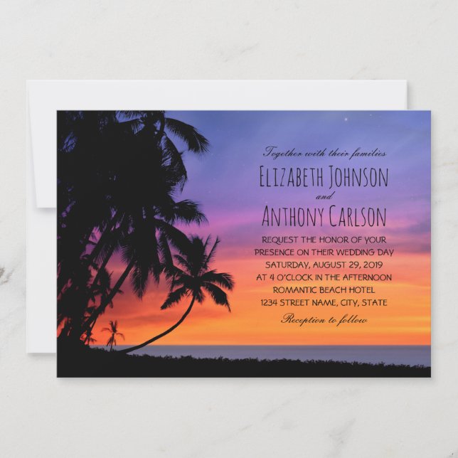 Invitación Boda Temático Hawaiano Sunset Palm Tree Beach (Anverso)