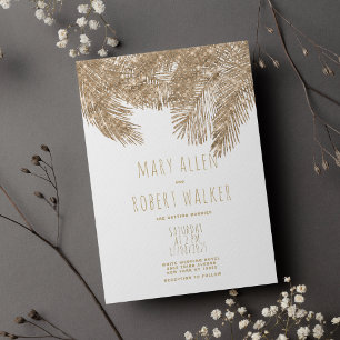 Invitación Boda temático tropical purpurina de oro blanco rus