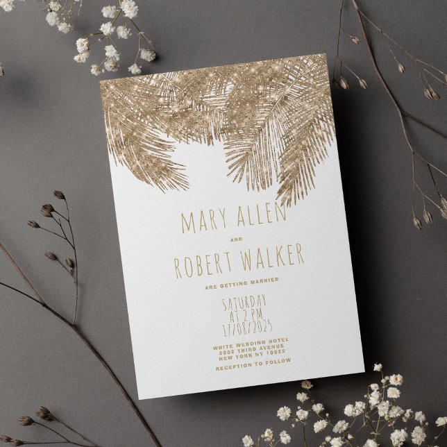 Invitación Boda temático tropical purpurina de oro blanco rus (Rustic white gold glitter tropical theme wedding)