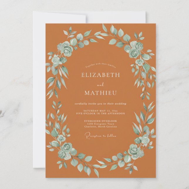 Invitación Boda Terracota Acuática Frondosa (Anverso)