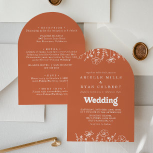 Invitación Boda Terracota Blanca Flor Silvestre Delantera Y T