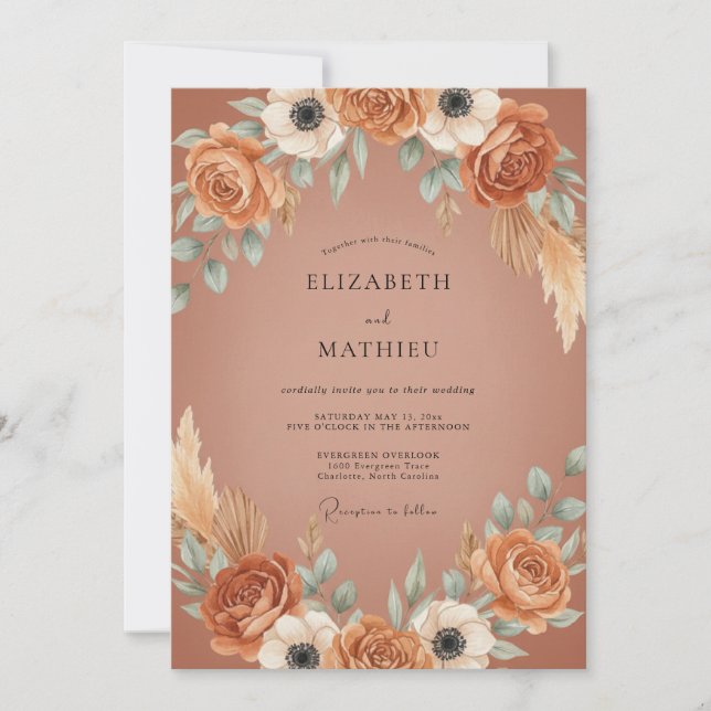Invitación Boda Terracota con Hojas de Pampas (Anverso)