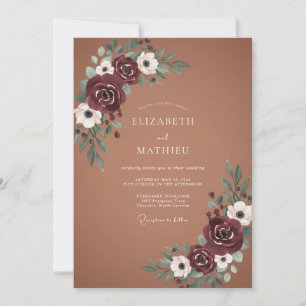 Invitación Boda Terracota con Hojas y Color Marrón