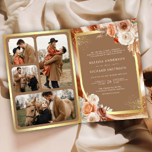 Invitación Boda Terracota Floral Pampas Dorado Beige Marrón