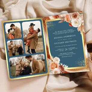 Invitación Boda Terracota Floral Pampas Polvo Dorado Azul Pol