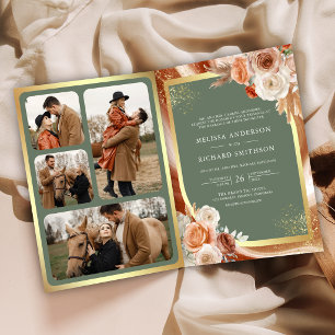 Invitación Boda Terracota Floral Pampas Verde Salvia Dorado