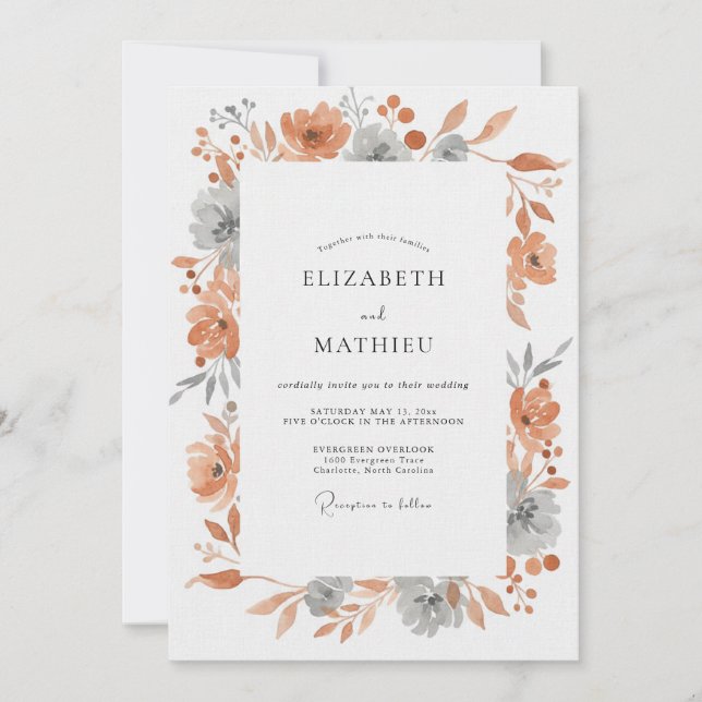 Invitación Boda Terracota Gris con Hojas (Anverso)