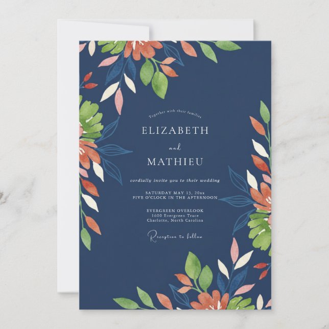Invitación Boda Terracota Índigo Frondoso (Anverso)