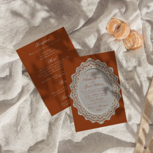 Invitación Boda Terracota Naranja Quemada Encaje Todo en Uno