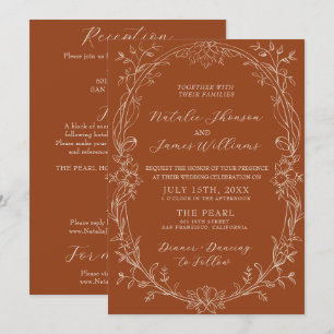 Invitación Boda Terracota Naranja Quemada Floral Todo en Uno