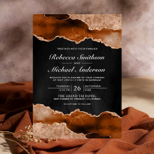 Invitación Boda Terracota Naranja Quemada Mármol Ágata Negro