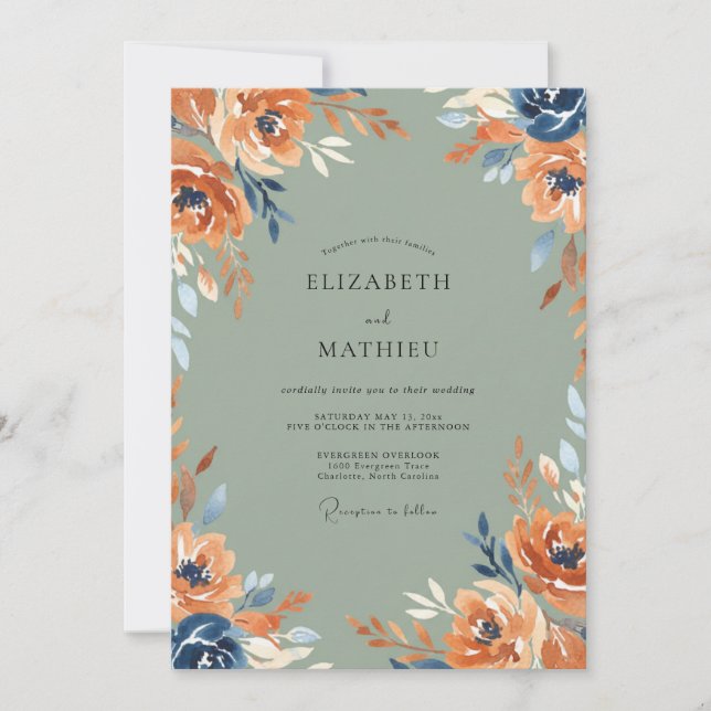 Invitación Boda Terracota Navy Bloom (Anverso)