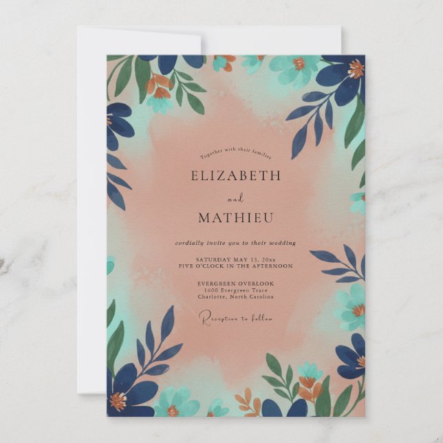Invitación Boda Terracota Navy con Hojas (Anverso)