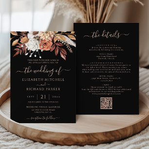 Invitación Boda Terracota Otoño Floral Negro Todo En Uno