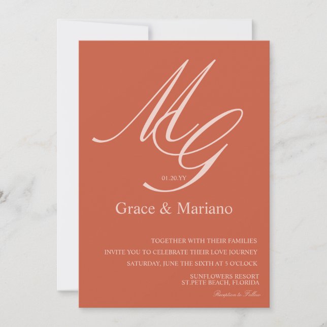 Invitación Boda Terracota Rosa Muted Monogramada   (Anverso)