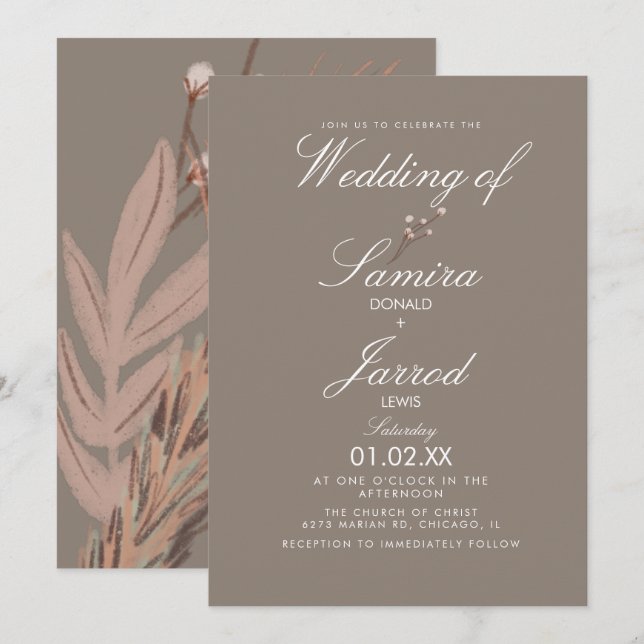 Invitación Boda Terrosa de Algodón de Pampas Modernas (Anverso / Reverso)