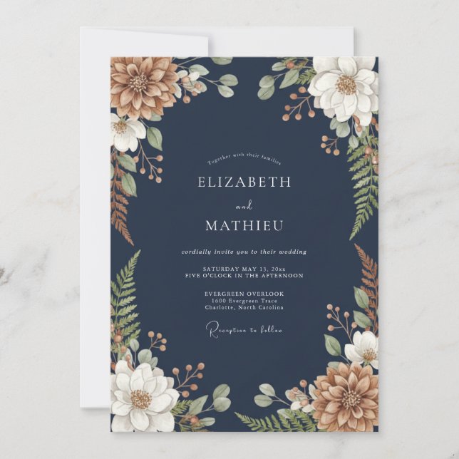 Invitación Boda Terrosa de Bosque Azul Marino (Anverso)