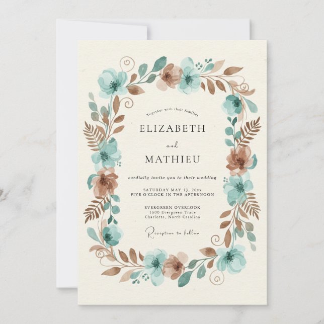Invitación Boda terrosa de bosque de cobre y azul teal (Anverso)