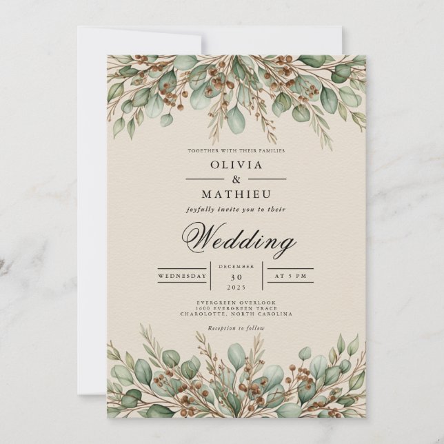 Invitación Boda terrosa de eucalipto verde salvia (Anverso)