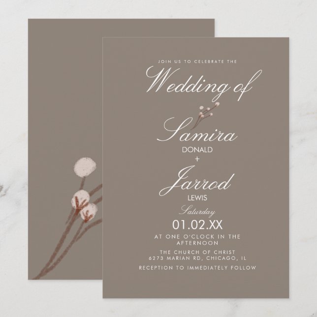 Invitación Boda Terrosa de Planta de Algodón Mínima (Anverso / Reverso)