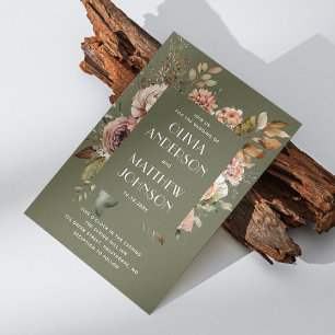 Invitación Boda Terrosa Verde Oliva Código QR Floral Boho