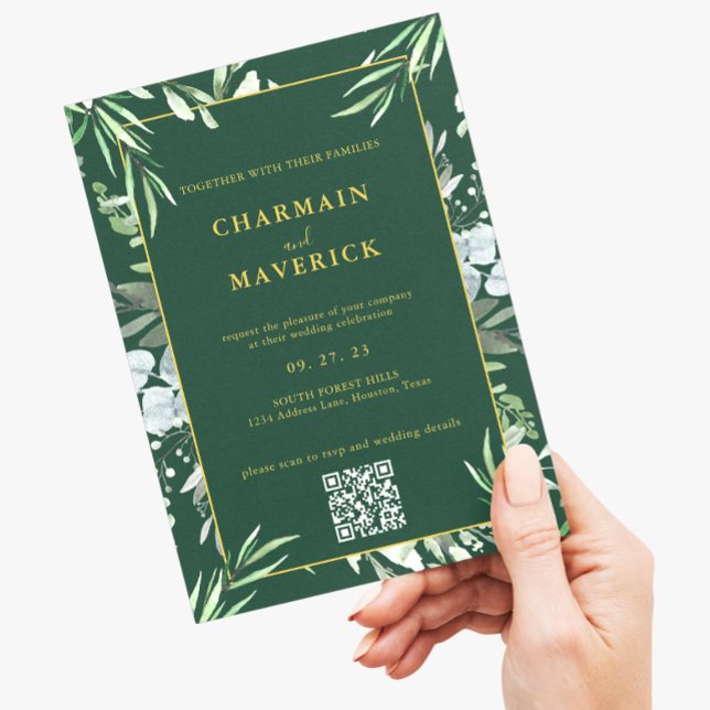 Invitación Boda Texto Borde Mínimo Verde Bosque Oscuro Dorado (Subido por el creador)