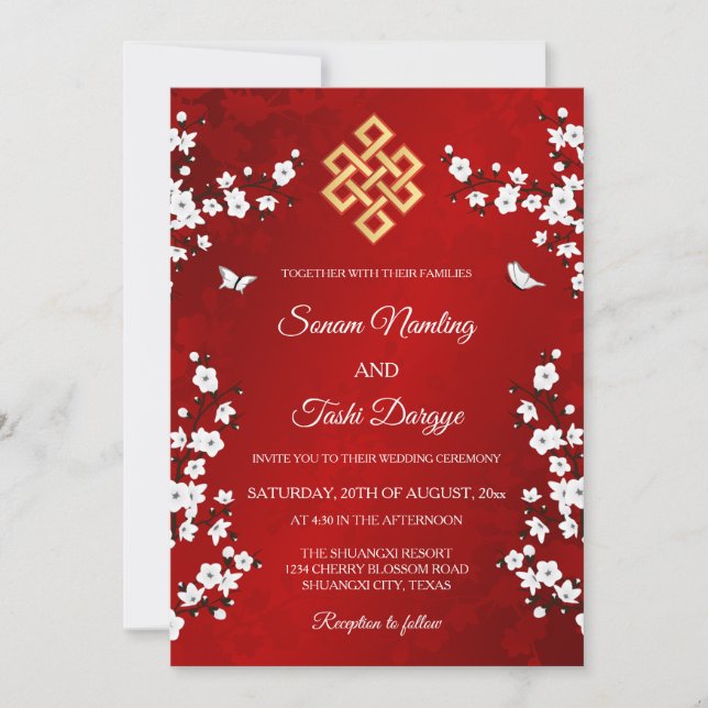 Invitación BODA tibetano con flores de cerezo blanco BILINGUA (Anverso)