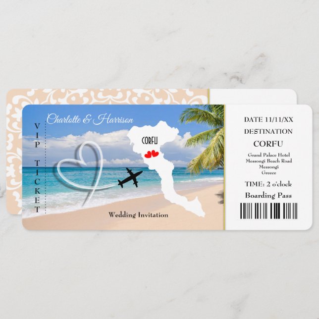 Invitación Boda Ticket Pass Destino Corfú (Anverso / Reverso)