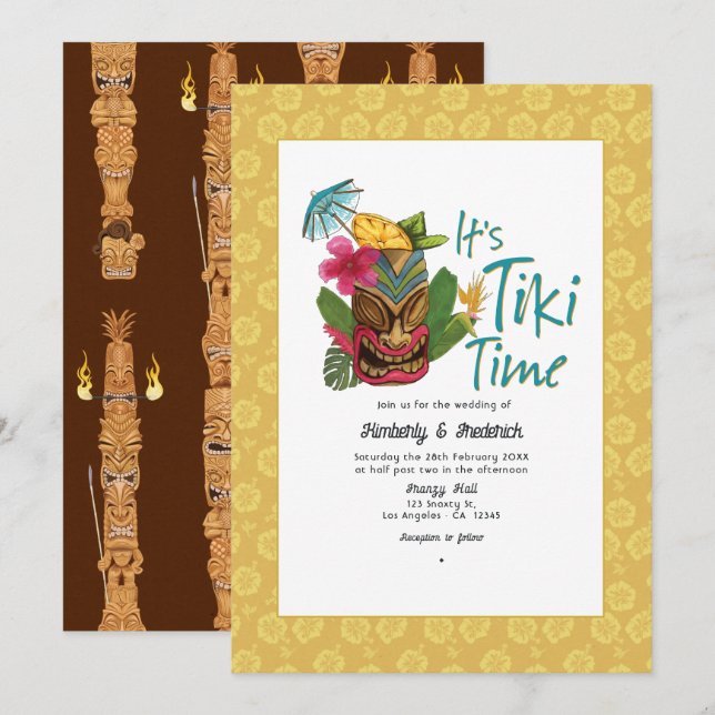 Invitación Boda Tiki Tropical Divertida (Anverso / Reverso)