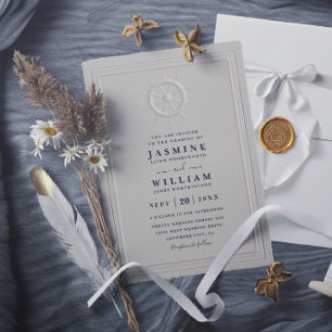 Invitación Boda Timón Falso Embossed Elegante Código QR Boda