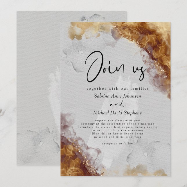 Invitación BODA | Tinta Alcoholizada de Ámbar Fluido y Peltre (Anverso / Reverso)