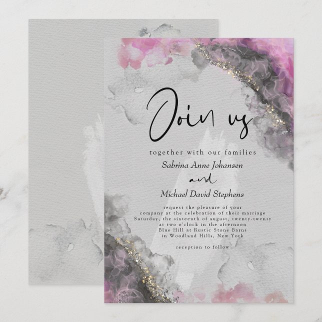 Invitación BODA | Tinta de alcohol abstracta rosa y ónix (Anverso / Reverso)