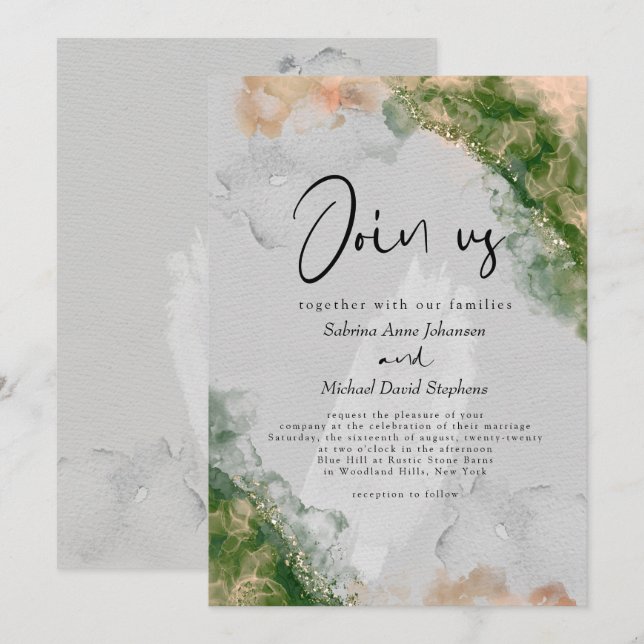 Invitación BODA | Tinta de alcohol de esmeralda y coral (Anverso / Reverso)