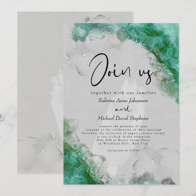 Invitación BODA | Tinta de alcohol verde de vidrio marino (Anverso / Reverso)